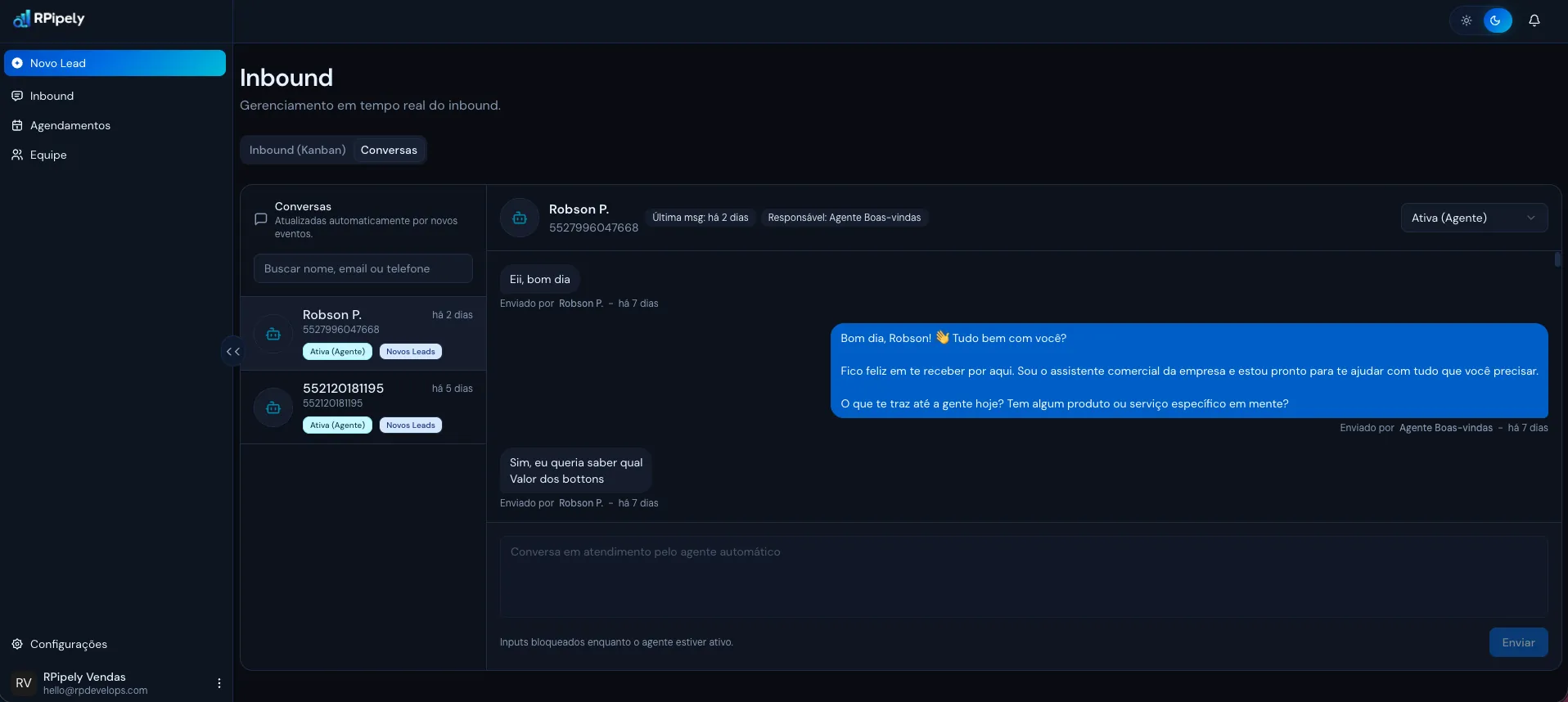 WhatsApp conversation being answered automatically by RPipely's AI